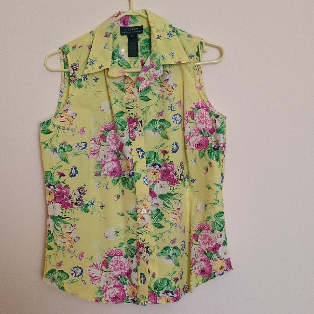 Ralph Lauren Yellow Floral Sleeveless Button-Up Blouse